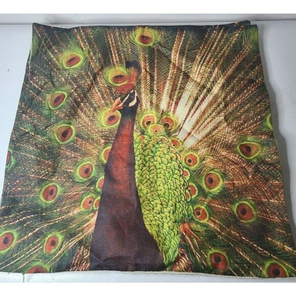 VINTAGE Peacock Bird Throw Pillow Covers Square Canvas Set Of Two 17"x 17" - Picture 1 of 6